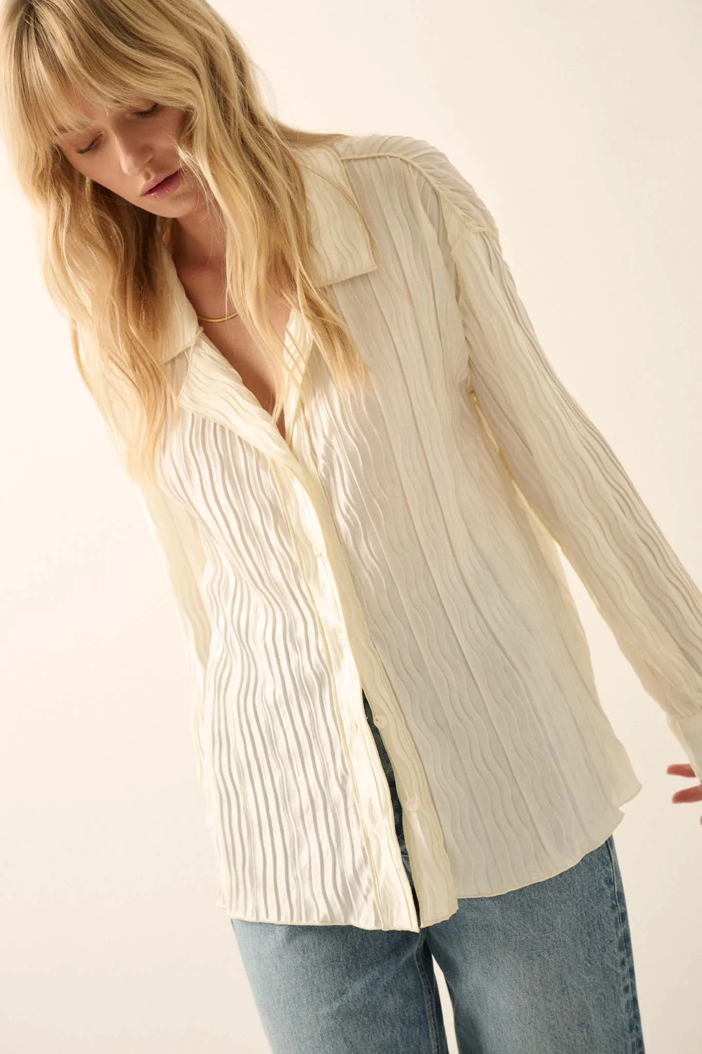 Changing Tides Pleated Satin Button-Up Shirt