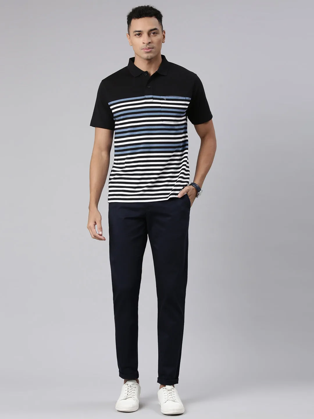Classic Polo Men's Half Sleeve Black/White Polo Neck Cotton Blend Authentic Fit T-Shirt | AVON - 576 B AF P