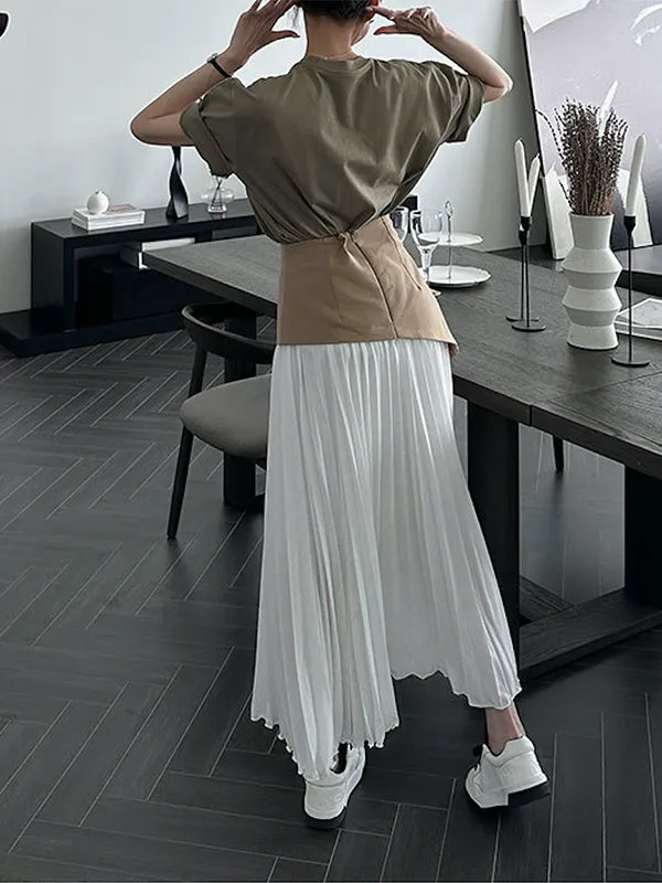 Contrast Color Pleated Split-Joint A-Line Loose Skirts Bottoms
