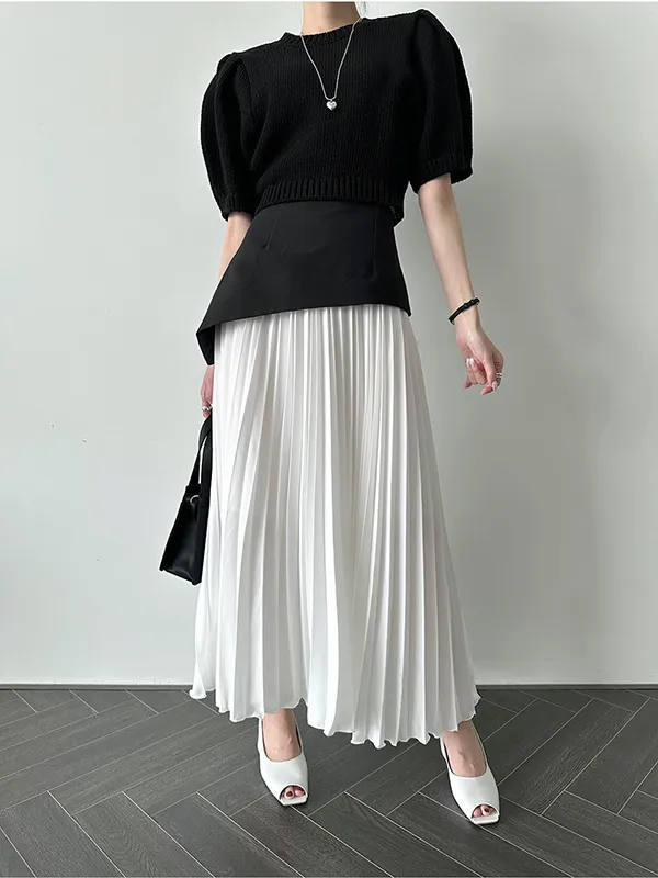 Contrast Color Pleated Split-Joint A-Line Loose Skirts Bottoms