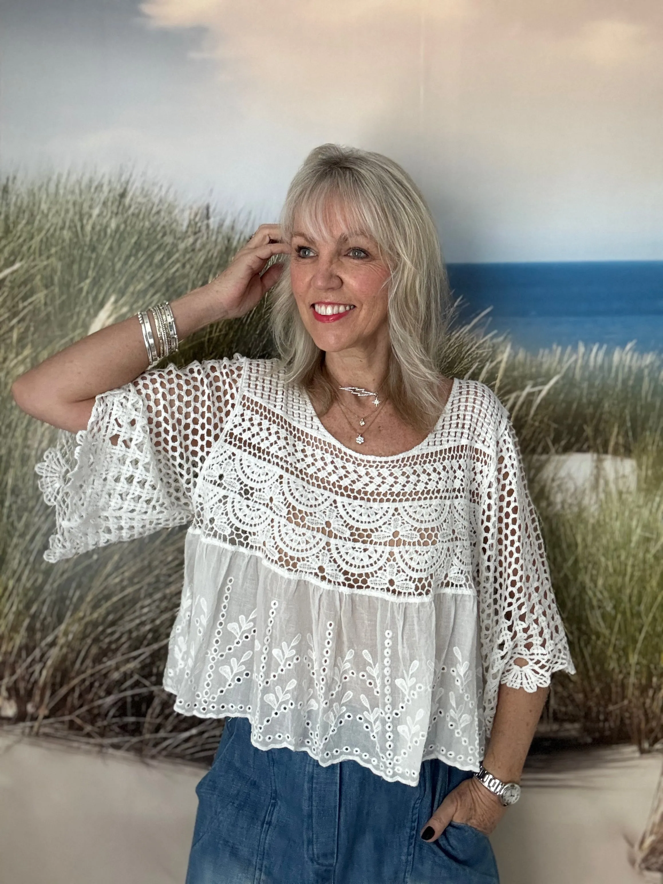 Crochet Scoop Neck Top in White