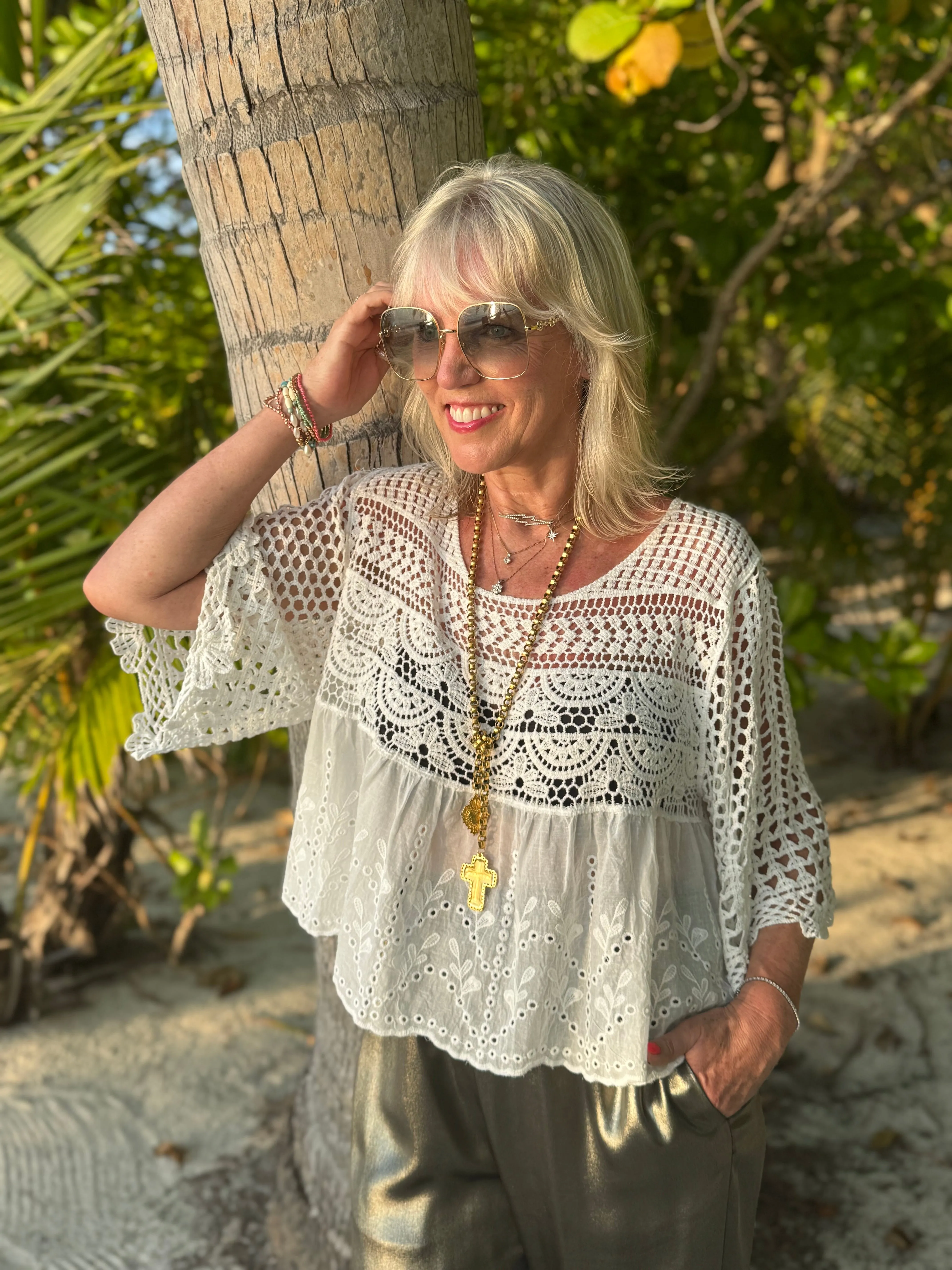 Crochet Scoop Neck Top in White