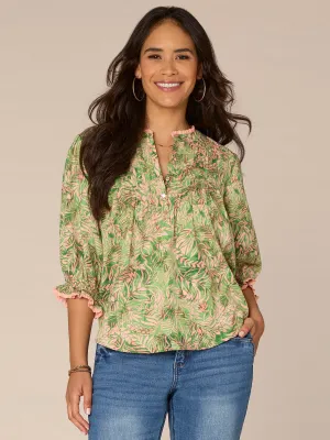 Crochet Sleeve Stand Collar Button Placket Printed Petite Woven Top
