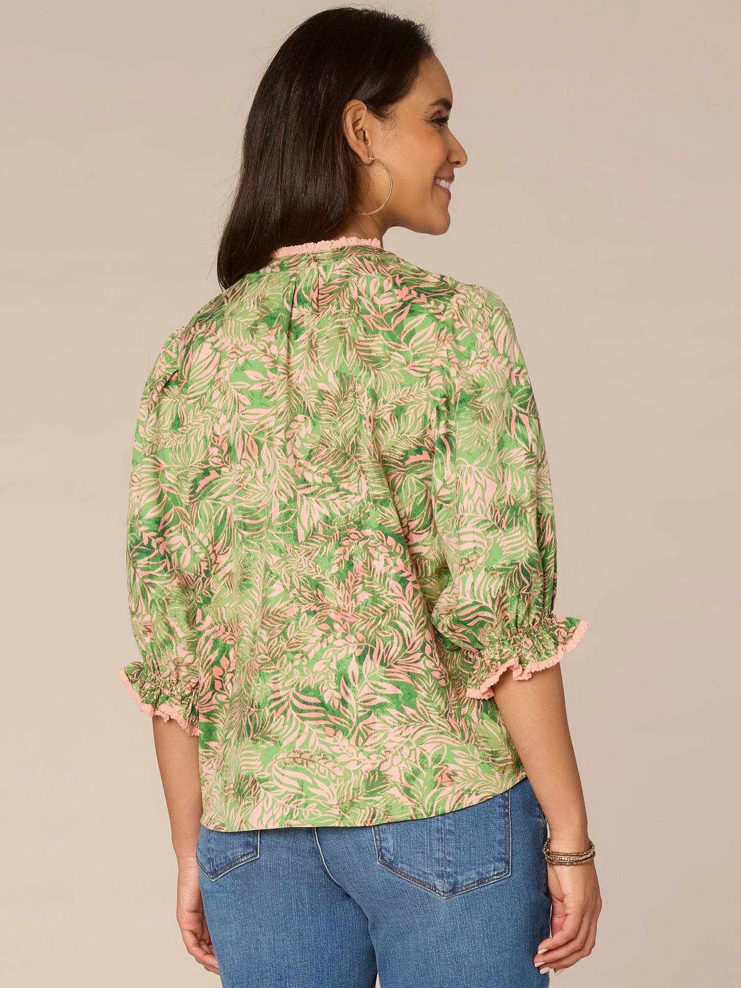 Crochet Sleeve Stand Collar Button Placket Printed Petite Woven Top