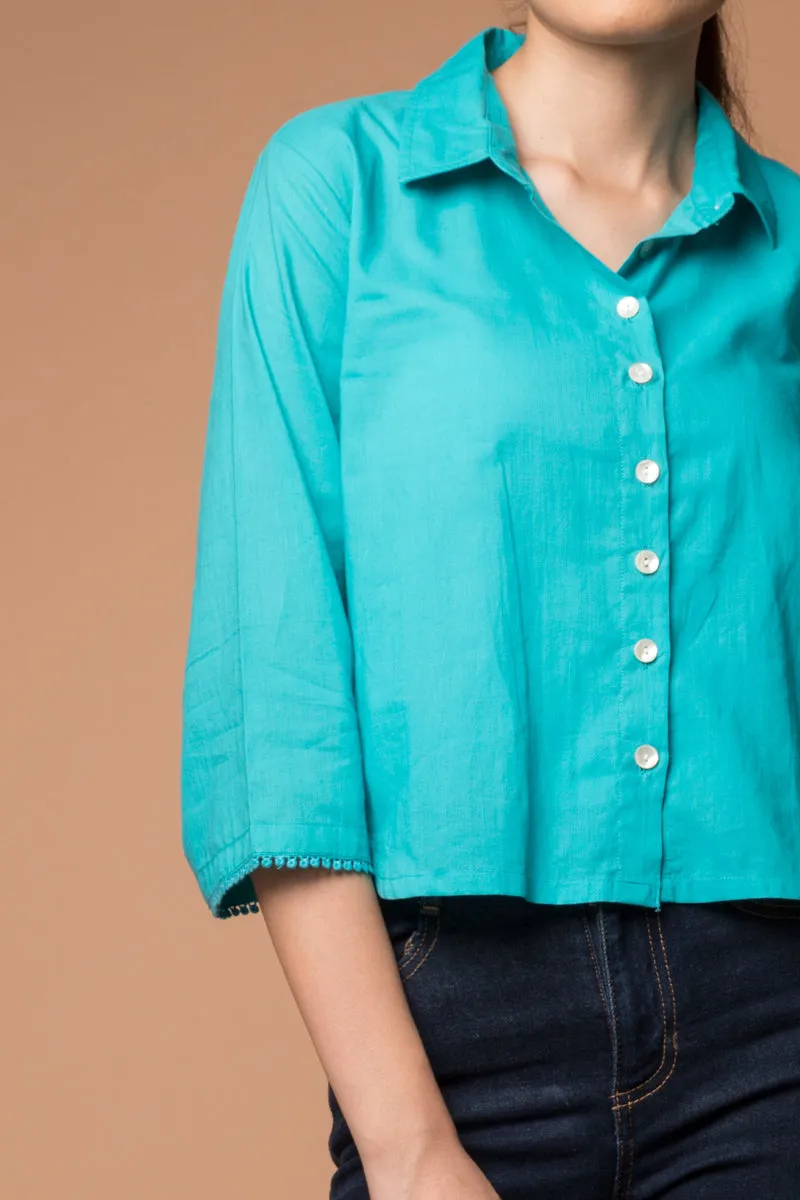 Crop Shirt with Kimono Sleeves in Aqua Blue cotton