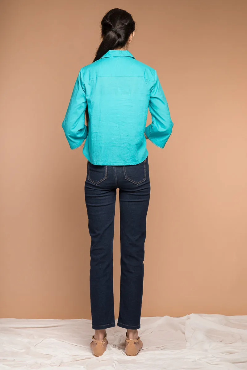 Crop Shirt with Kimono Sleeves in Aqua Blue cotton