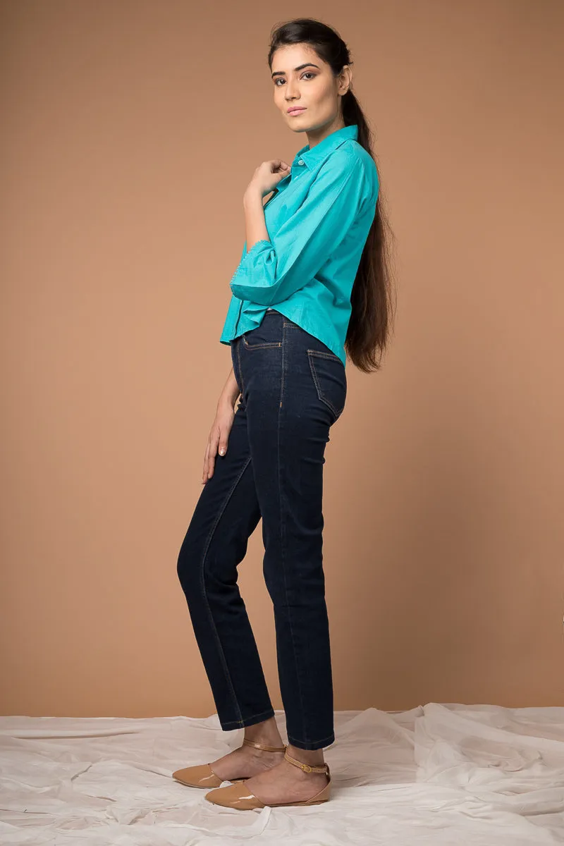 Crop Shirt with Kimono Sleeves in Aqua Blue cotton
