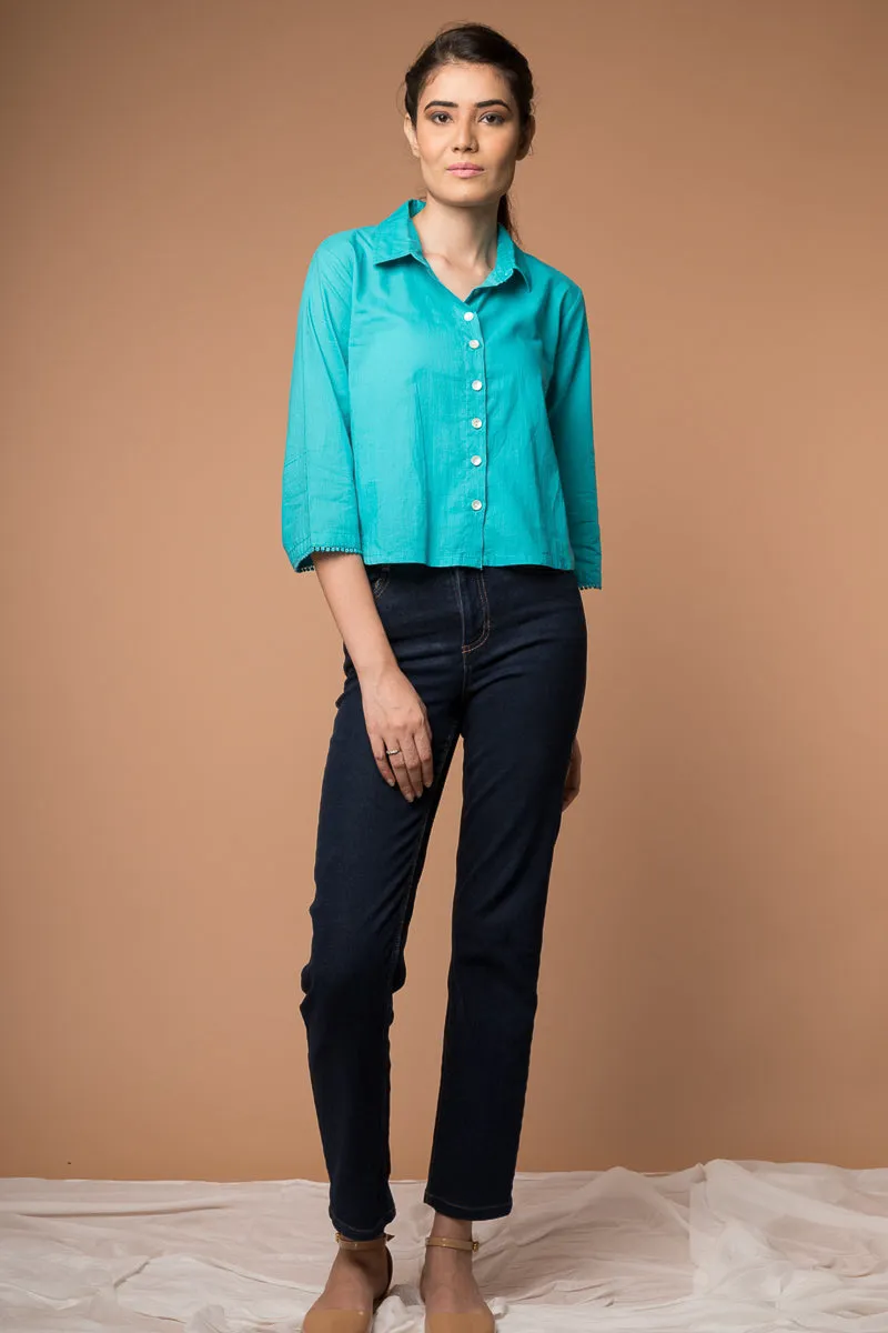 Crop Shirt with Kimono Sleeves in Aqua Blue cotton