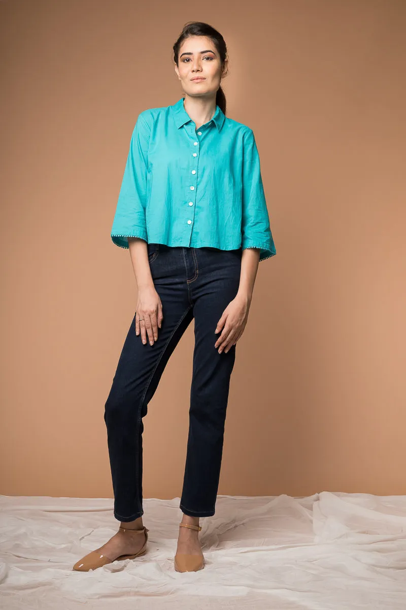 Crop Shirt with Kimono Sleeves in Aqua Blue cotton