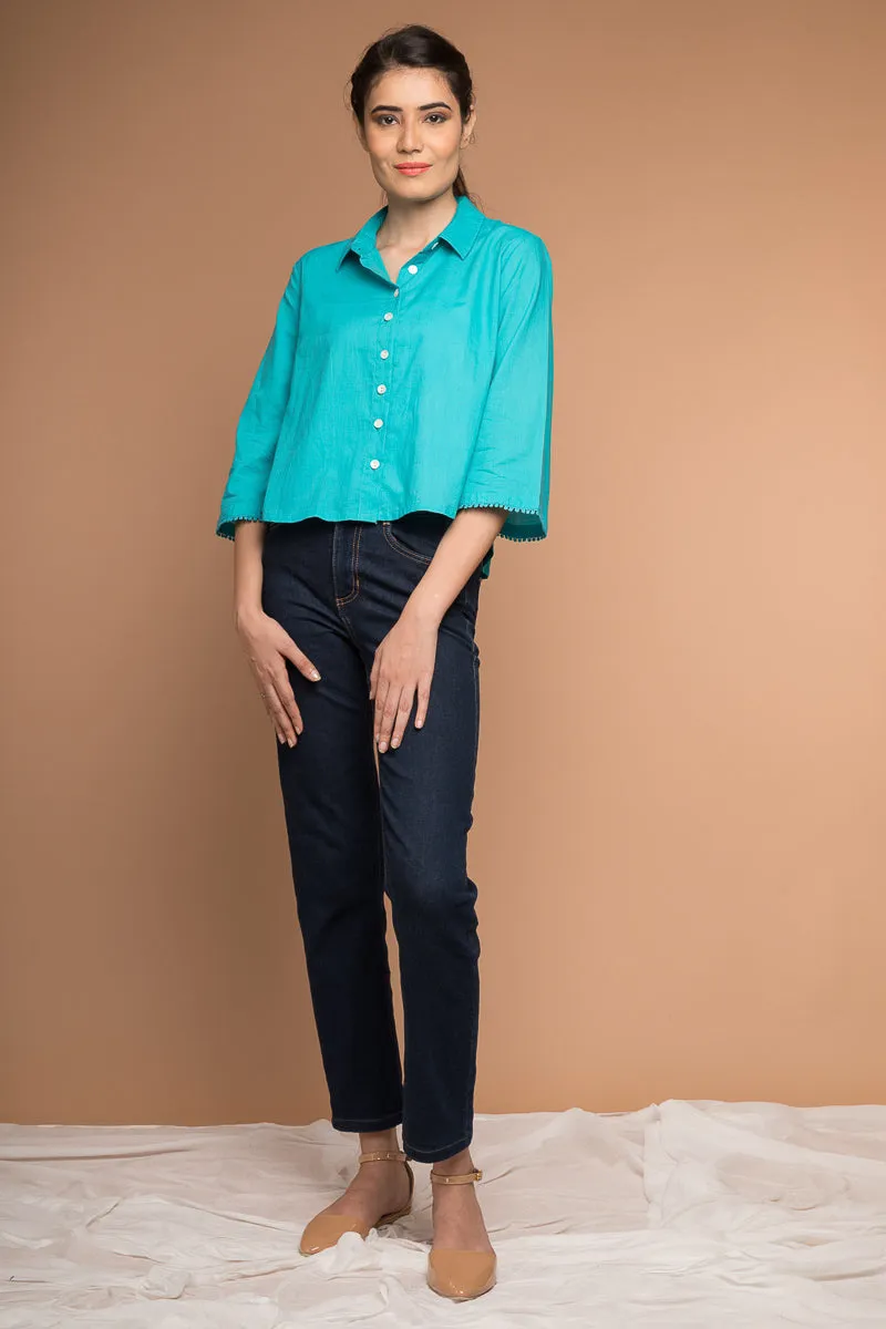 Crop Shirt with Kimono Sleeves in Aqua Blue cotton