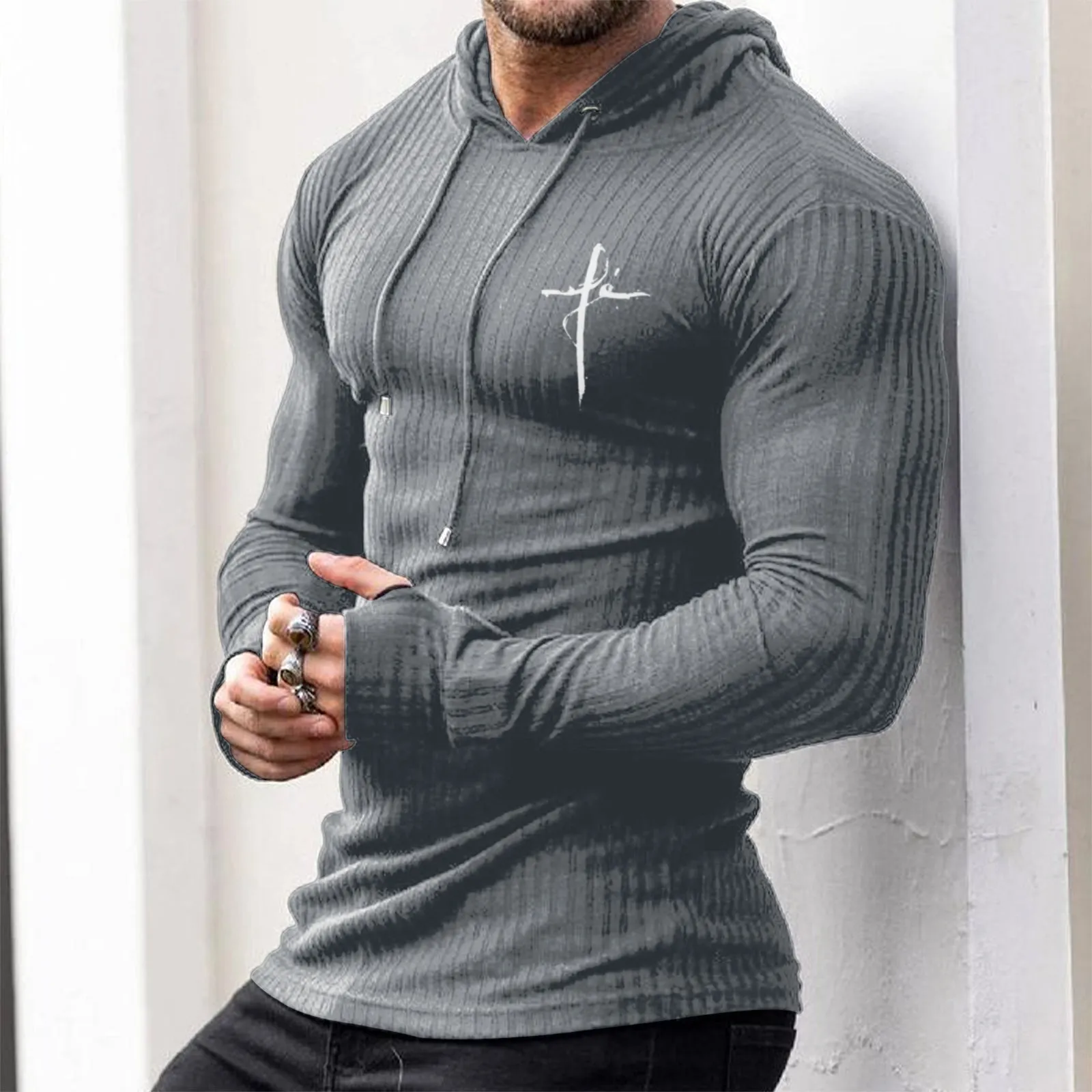 CROSS ANCHOR STRIPED GRAPHIC KNITTED HOODIE