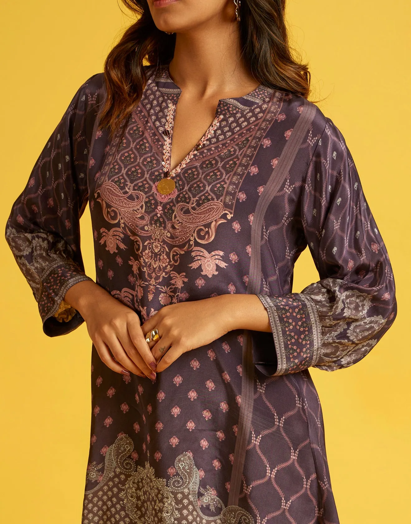 Dark Plum Printed Crepe Tunic Top