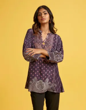 Dark Plum Printed Crepe Tunic Top