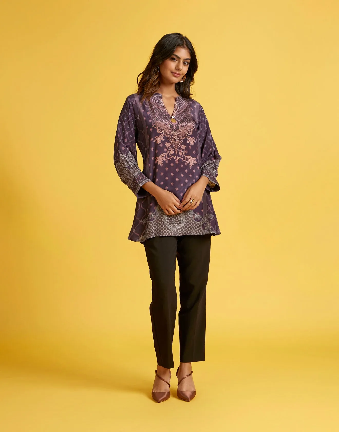 Dark Plum Printed Crepe Tunic Top