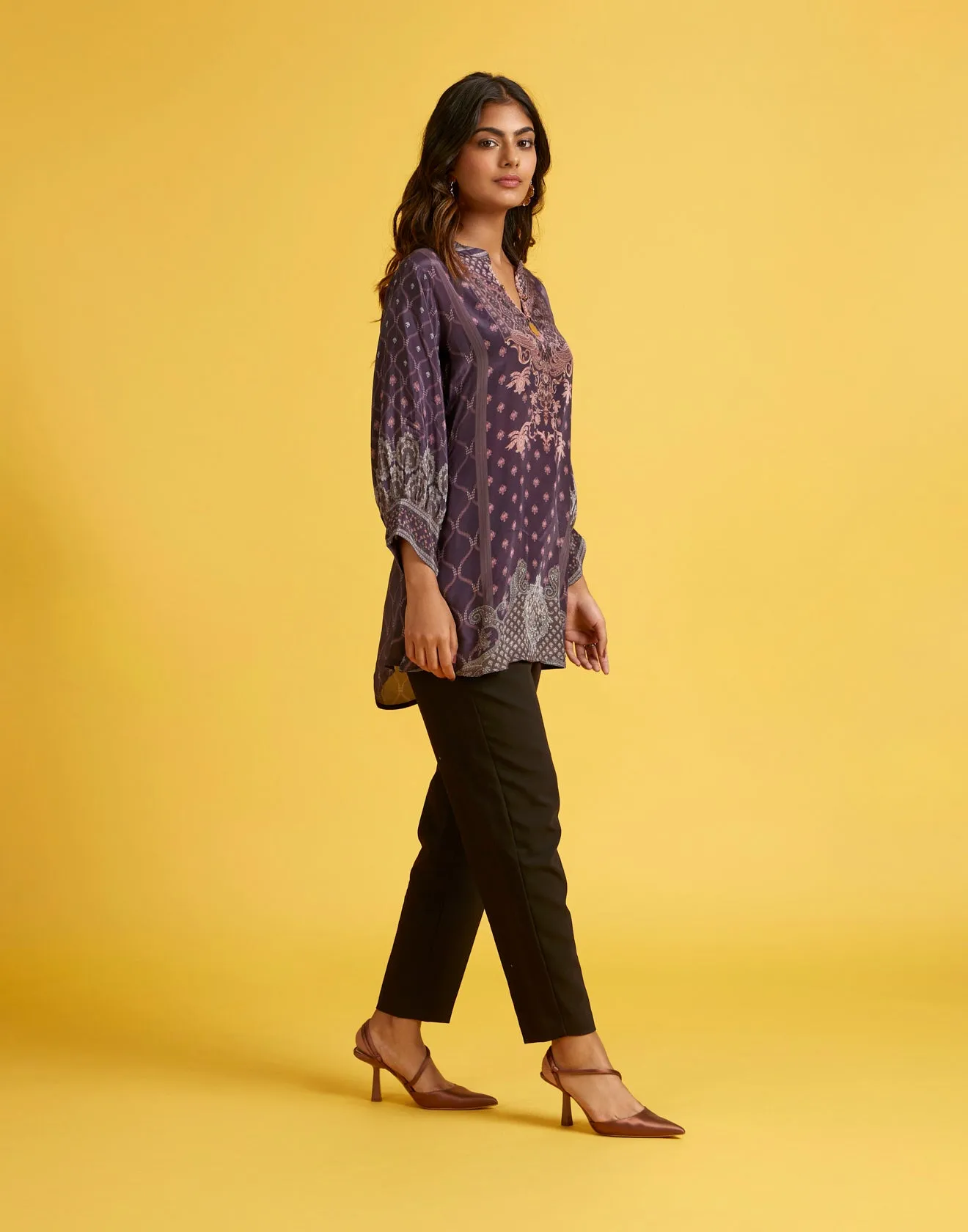 Dark Plum Printed Crepe Tunic Top