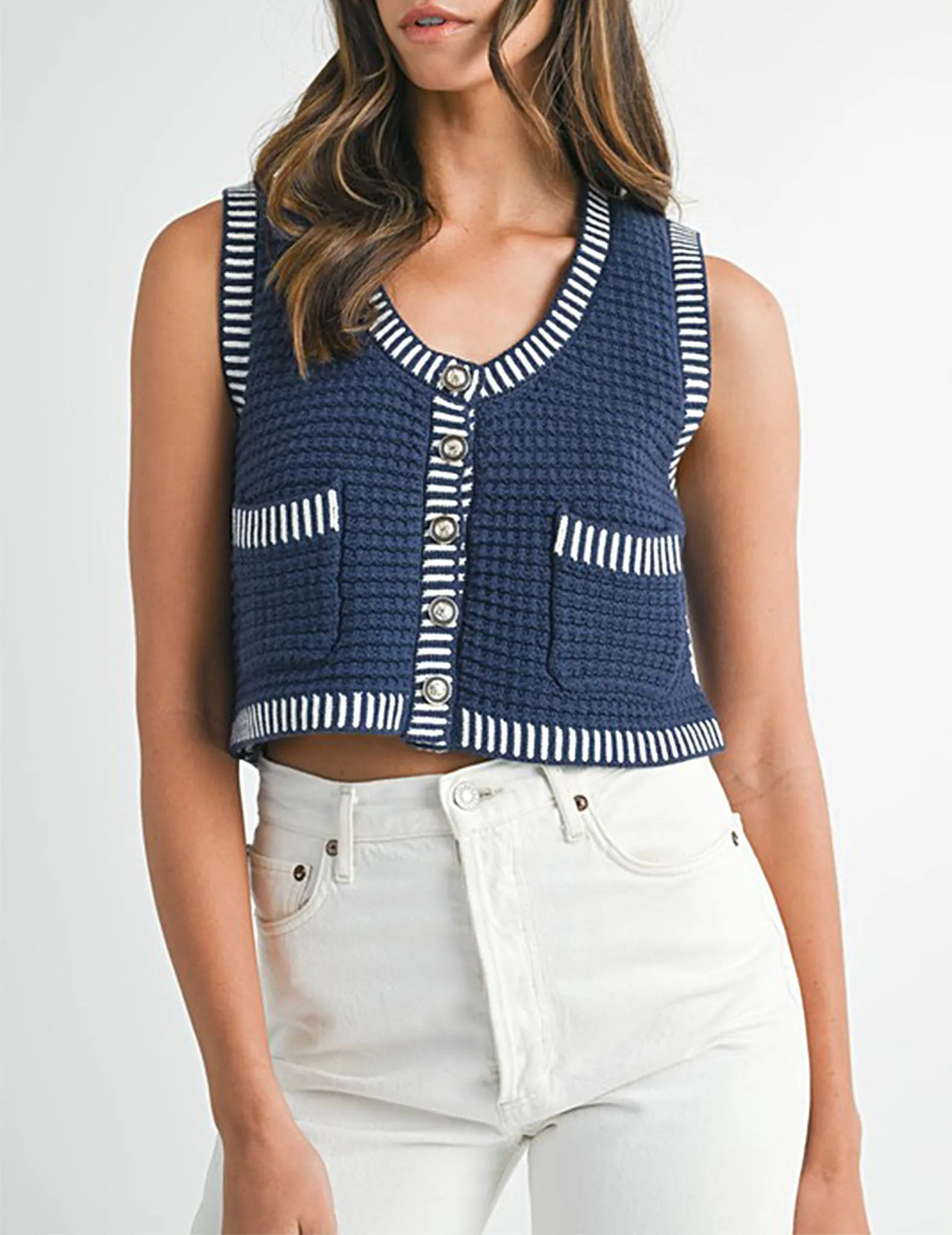 Dinah Navy Knit Buttoned Tank Top