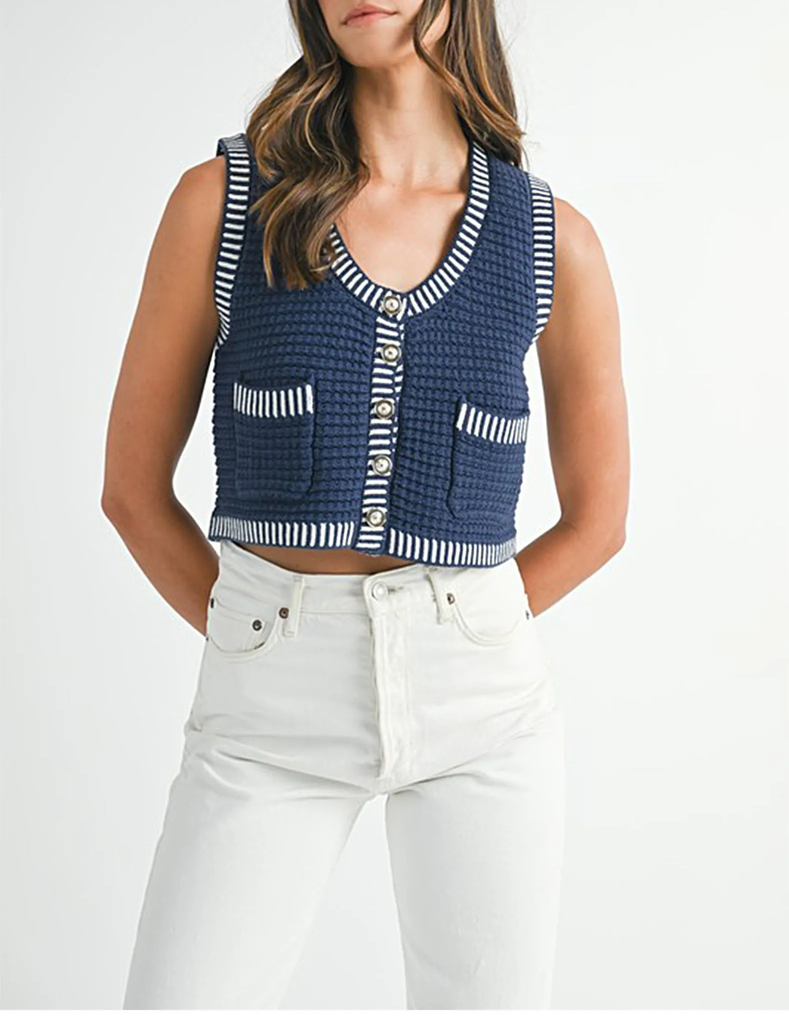 Dinah Navy Knit Buttoned Tank Top