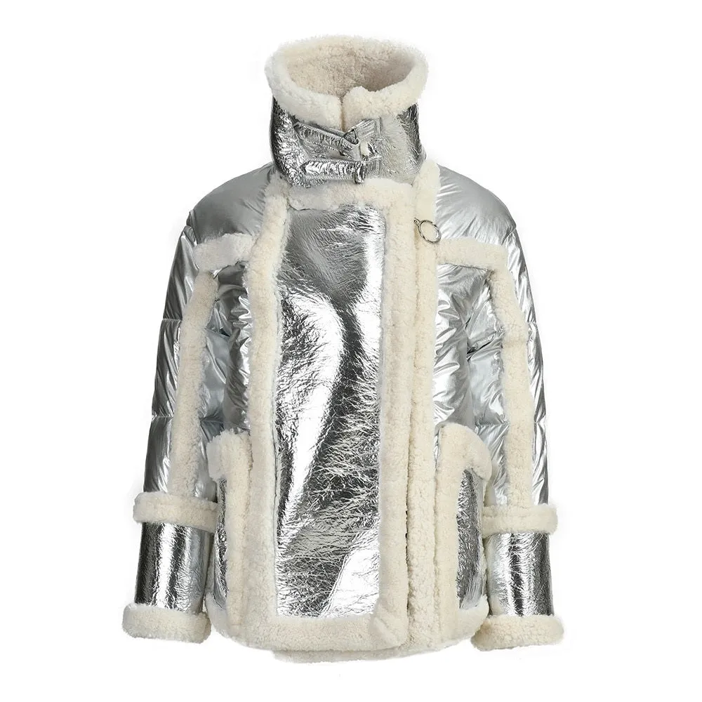 Down Jacket Female Winter Women Real Lamb Fur Coats Fashion Bright Silver Leather Jackets Super Warm Full Sleeves