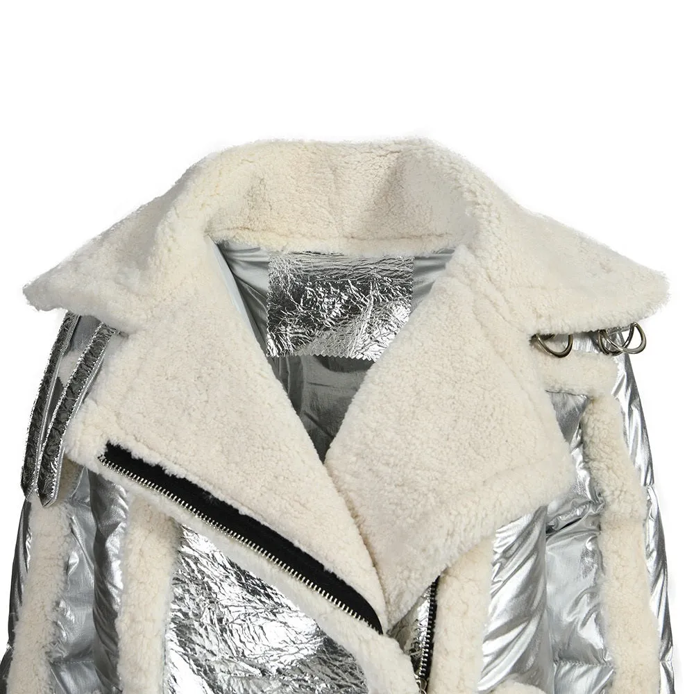 Down Jacket Female Winter Women Real Lamb Fur Coats Fashion Bright Silver Leather Jackets Super Warm Full Sleeves