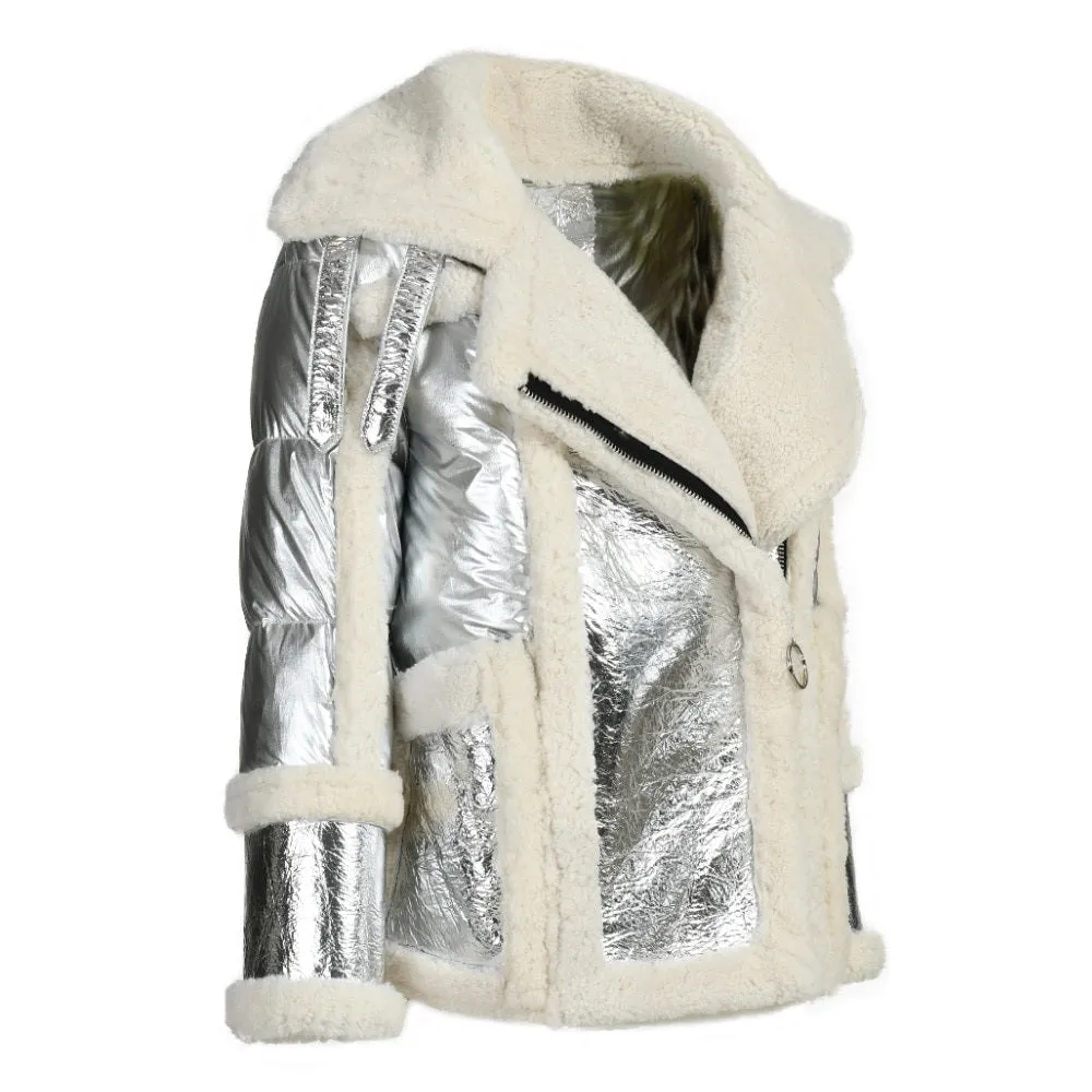Down Jacket Female Winter Women Real Lamb Fur Coats Fashion Bright Silver Leather Jackets Super Warm Full Sleeves