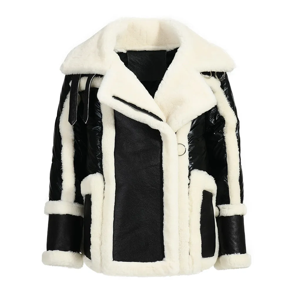 Down Jacket Female Winter Women Real Lamb Fur Coats Fashion Bright Silver Leather Jackets Super Warm Full Sleeves