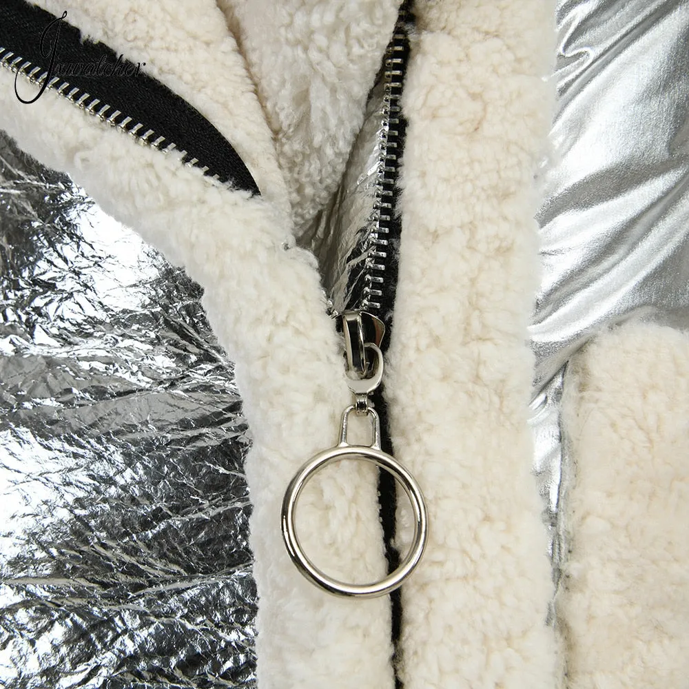 Down Jacket Female Winter Women Real Lamb Fur Coats Fashion Bright Silver Leather Jackets Super Warm Full Sleeves