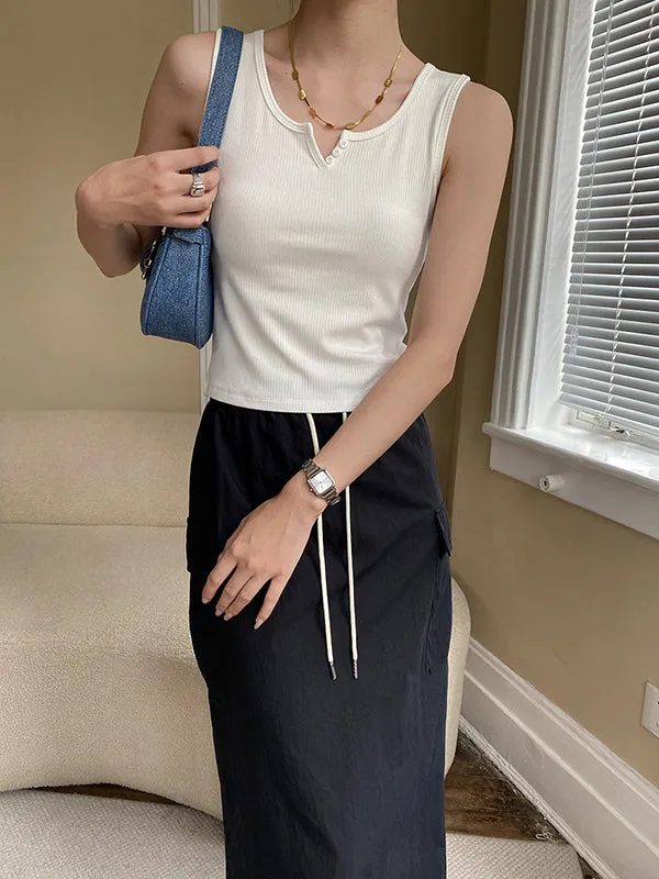 Drawstring Elasticity Pockets Split-Back Split-Joint A-Line Loose Skirts Bottoms