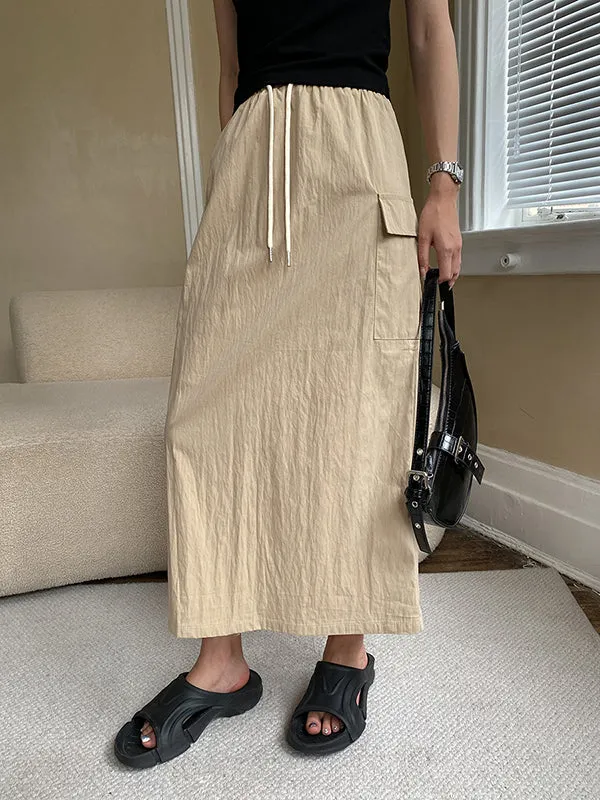 Drawstring Elasticity Pockets Split-Back Split-Joint A-Line Loose Skirts Bottoms