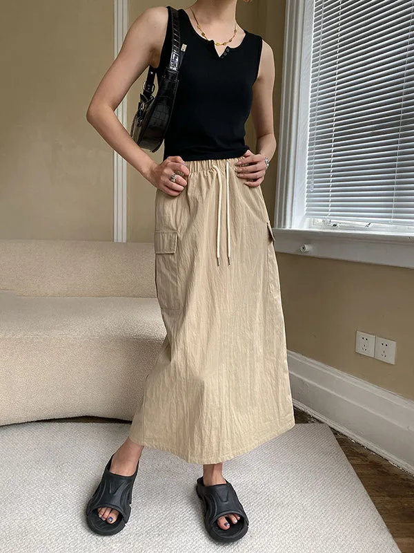 Drawstring Elasticity Pockets Split-Back Split-Joint A-Line Loose Skirts Bottoms