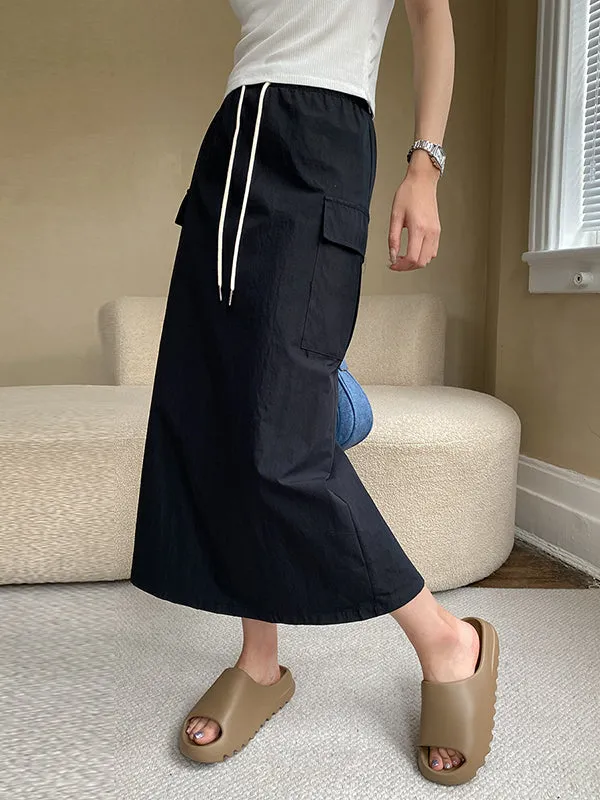 Drawstring Elasticity Pockets Split-Back Split-Joint A-Line Loose Skirts Bottoms