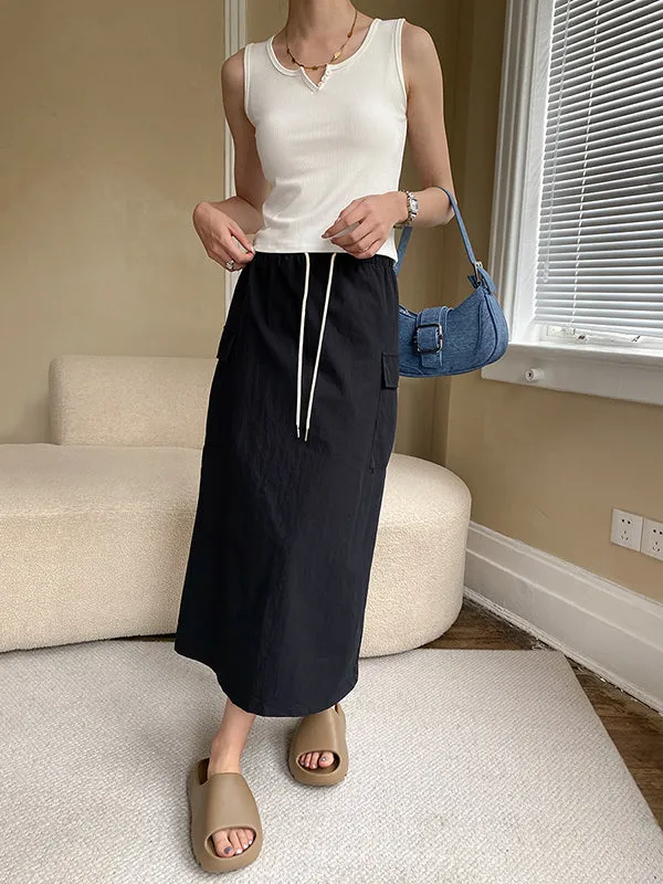 Drawstring Elasticity Pockets Split-Back Split-Joint A-Line Loose Skirts Bottoms