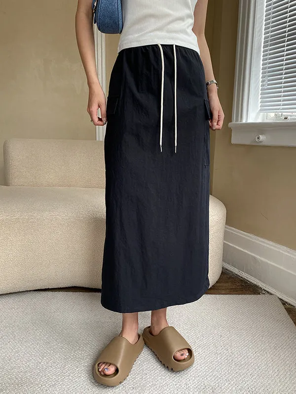 Drawstring Elasticity Pockets Split-Back Split-Joint A-Line Loose Skirts Bottoms