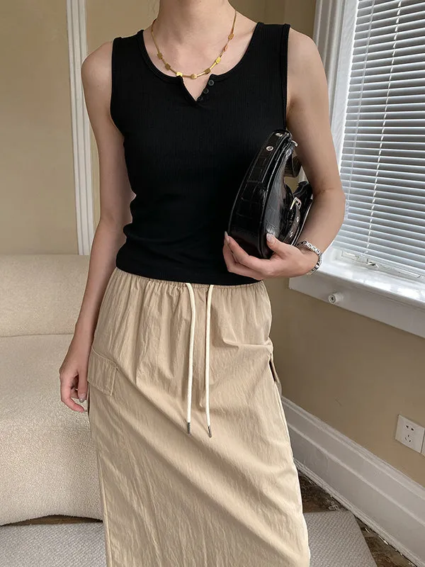 Drawstring Elasticity Pockets Split-Back Split-Joint A-Line Loose Skirts Bottoms