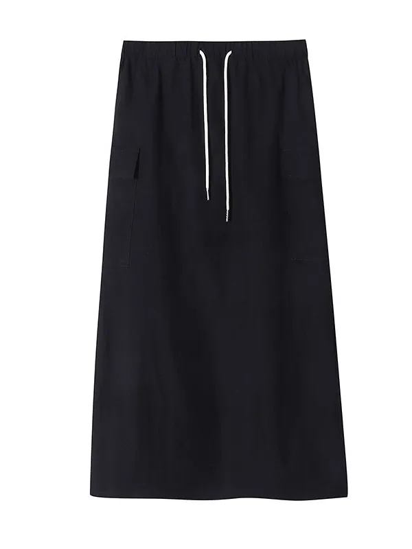 Drawstring Elasticity Pockets Split-Back Split-Joint A-Line Loose Skirts Bottoms
