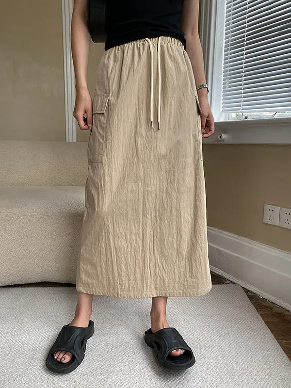 Drawstring Elasticity Pockets Split-Back Split-Joint A-Line Loose Skirts Bottoms