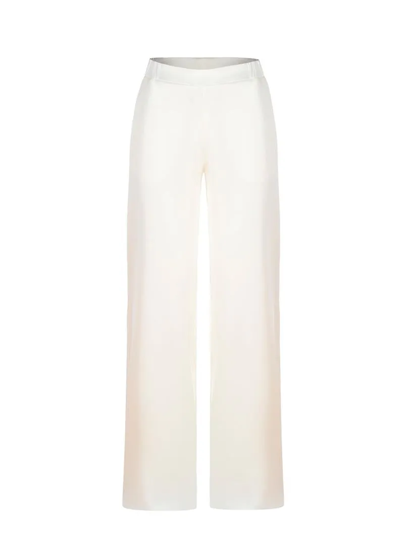 Elasticated Waist Wide Leg Satin Pants - Ecru