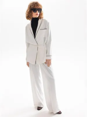 Elasticated Waist Wide Leg Satin Pants - Ecru
