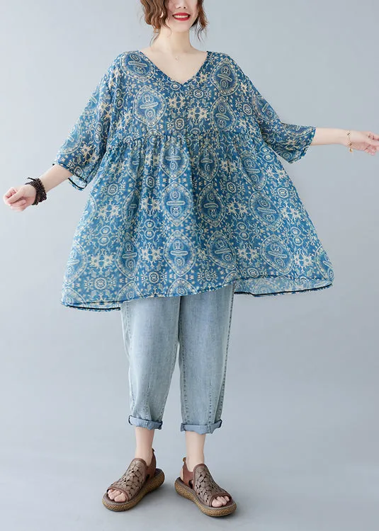 Elegant Blue Oversized Print Linen Mini Dresses Summer