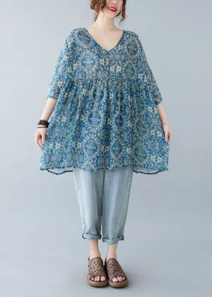 Elegant Blue Oversized Print Linen Mini Dresses Summer