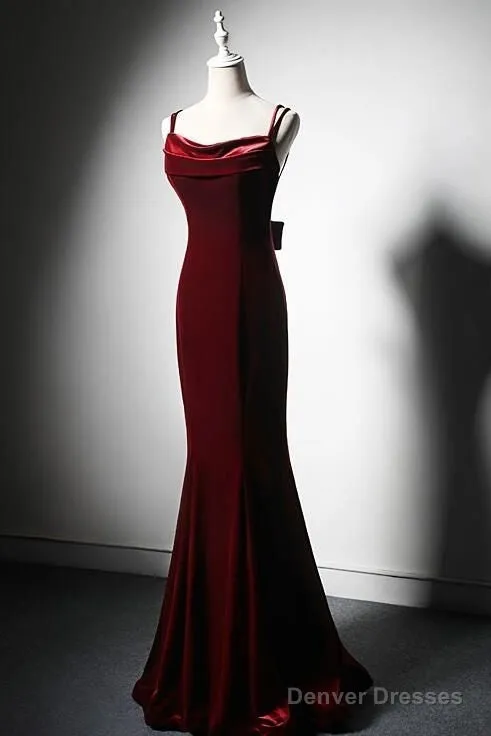 Elegant Burgundy Spaghetti Straps Velvet Mermaid Prom Dress Evening Dress