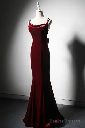 Elegant Burgundy Spaghetti Straps Velvet Mermaid Prom Dress Evening Dress