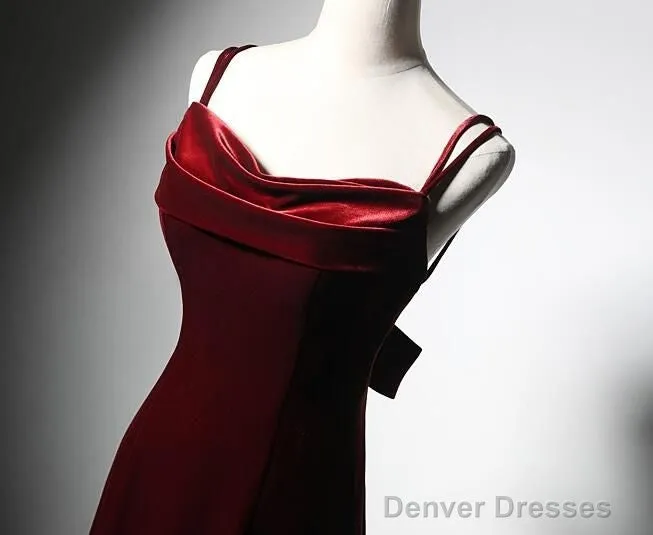 Elegant Burgundy Spaghetti Straps Velvet Mermaid Prom Dress Evening Dress