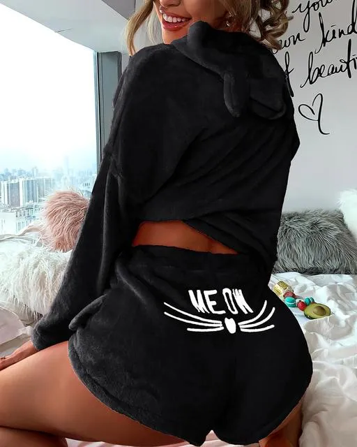 Elegant Casual Winter Warm Hooded Jacket and Short