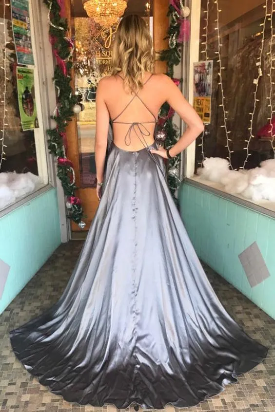 Elegant Gray Spaghetti Straps Backless Prom Dress