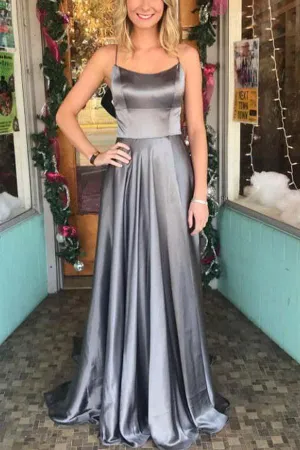 Elegant Gray Spaghetti Straps Backless Prom Dress