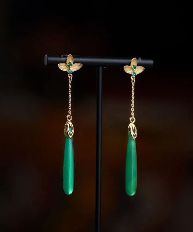 Elegant Green Sterling Silver Green Agate Water Drop Tassel Drop Earrings LY7758