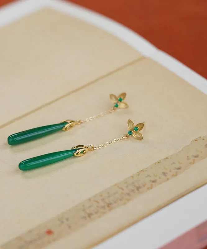 Elegant Green Sterling Silver Green Agate Water Drop Tassel Drop Earrings LY7758