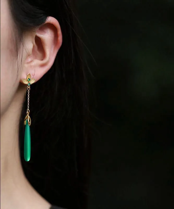 Elegant Green Sterling Silver Green Agate Water Drop Tassel Drop Earrings LY7758