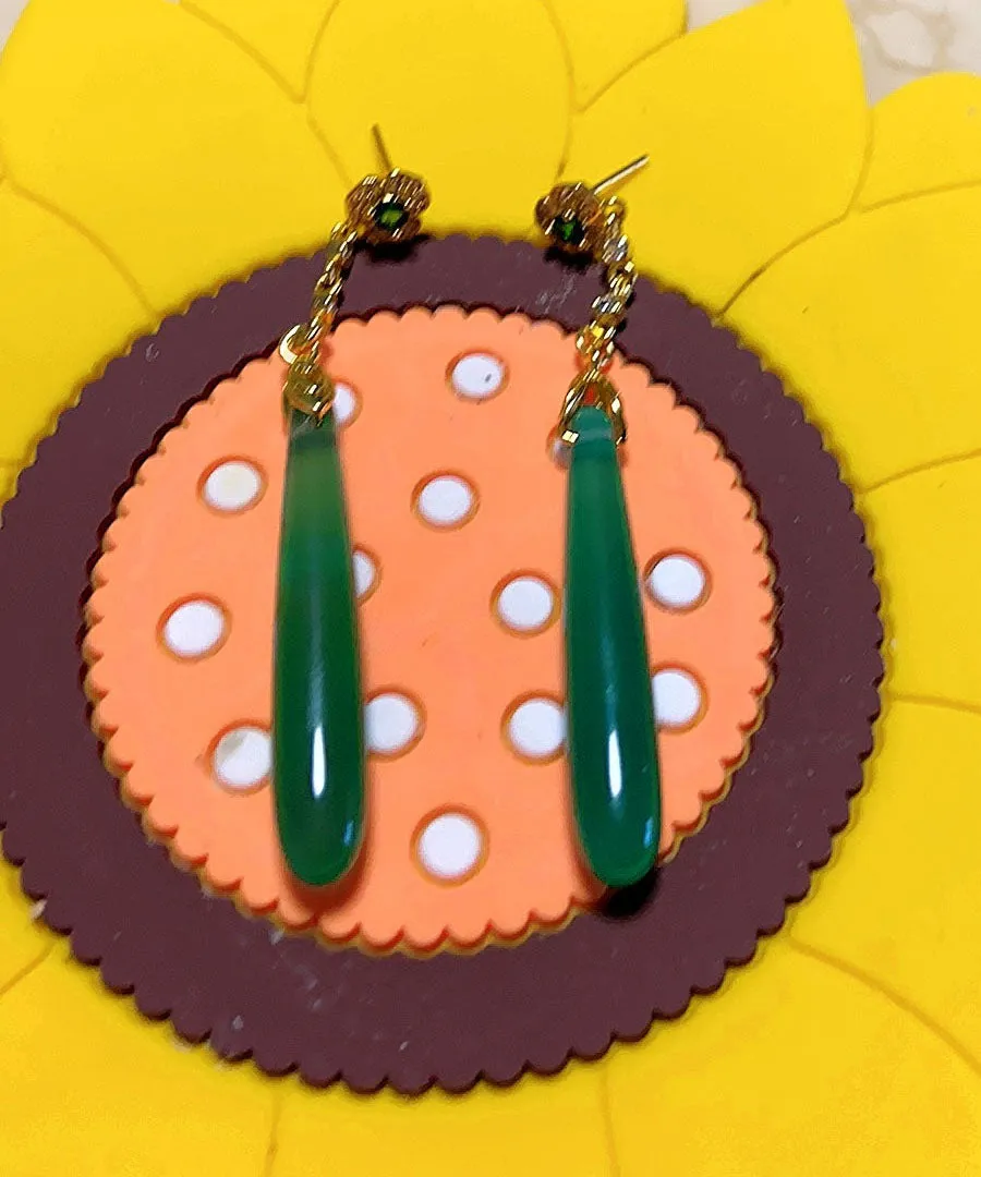 Elegant Green Sterling Silver Green Agate Water Drop Tassel Drop Earrings LY7758