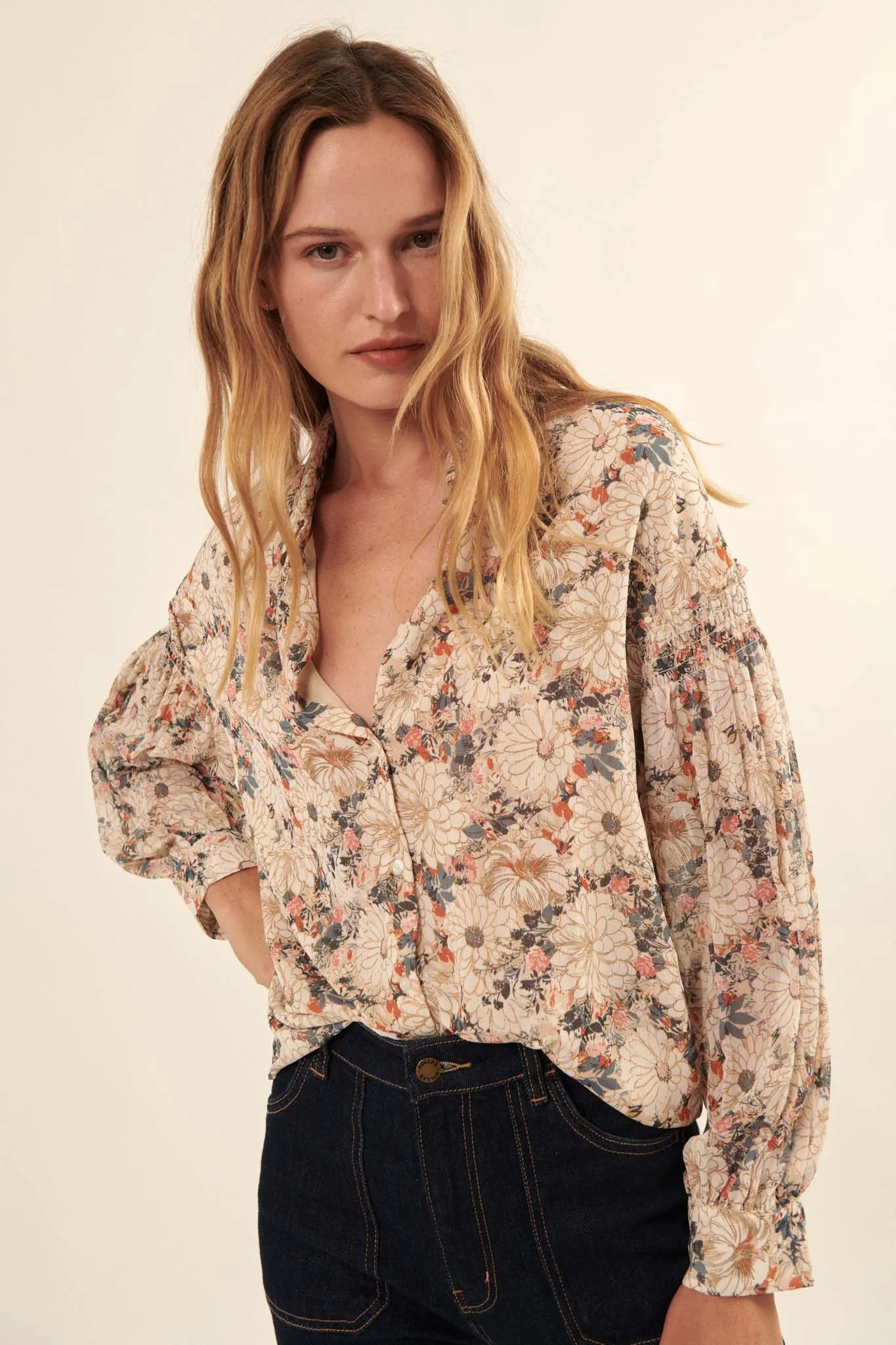 Embrace Me Smocked Floral Button-Front Shirt